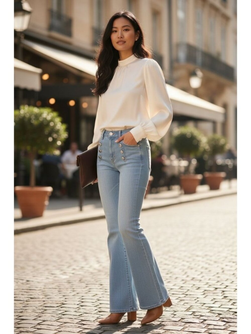 Derek Lam 10 Crosby Robertson Flare Denim Jeans Sz 30 Gold Sailor Buttons Light